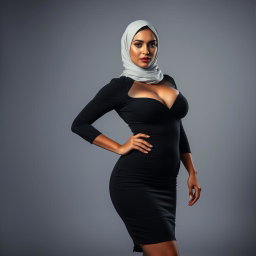 A woman wearing a hijab, with white skin and a voluptuous busty body, confidently posed in high heels