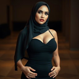 A woman wearing a hijab, with white skin and a voluptuous busty body, confidently posed in high heels