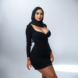 A woman wearing a hijab, with white skin and a voluptuous busty body, confidently posed in high heels