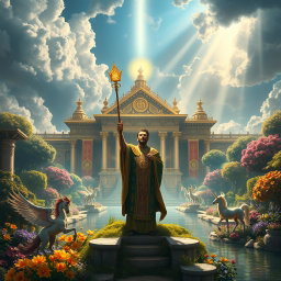 A majestic and mystical realm ruled by a powerful priest, showcasing a grand temple adorned with glowing symbols and vivid tapestries