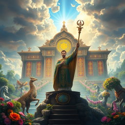 A majestic and mystical realm ruled by a powerful priest, showcasing a grand temple adorned with glowing symbols and vivid tapestries