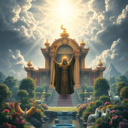 A majestic and mystical realm ruled by a powerful priest, showcasing a grand temple adorned with glowing symbols and vivid tapestries