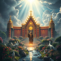 A majestic and mystical realm ruled by a powerful priest, showcasing a grand temple adorned with glowing symbols and vivid tapestries