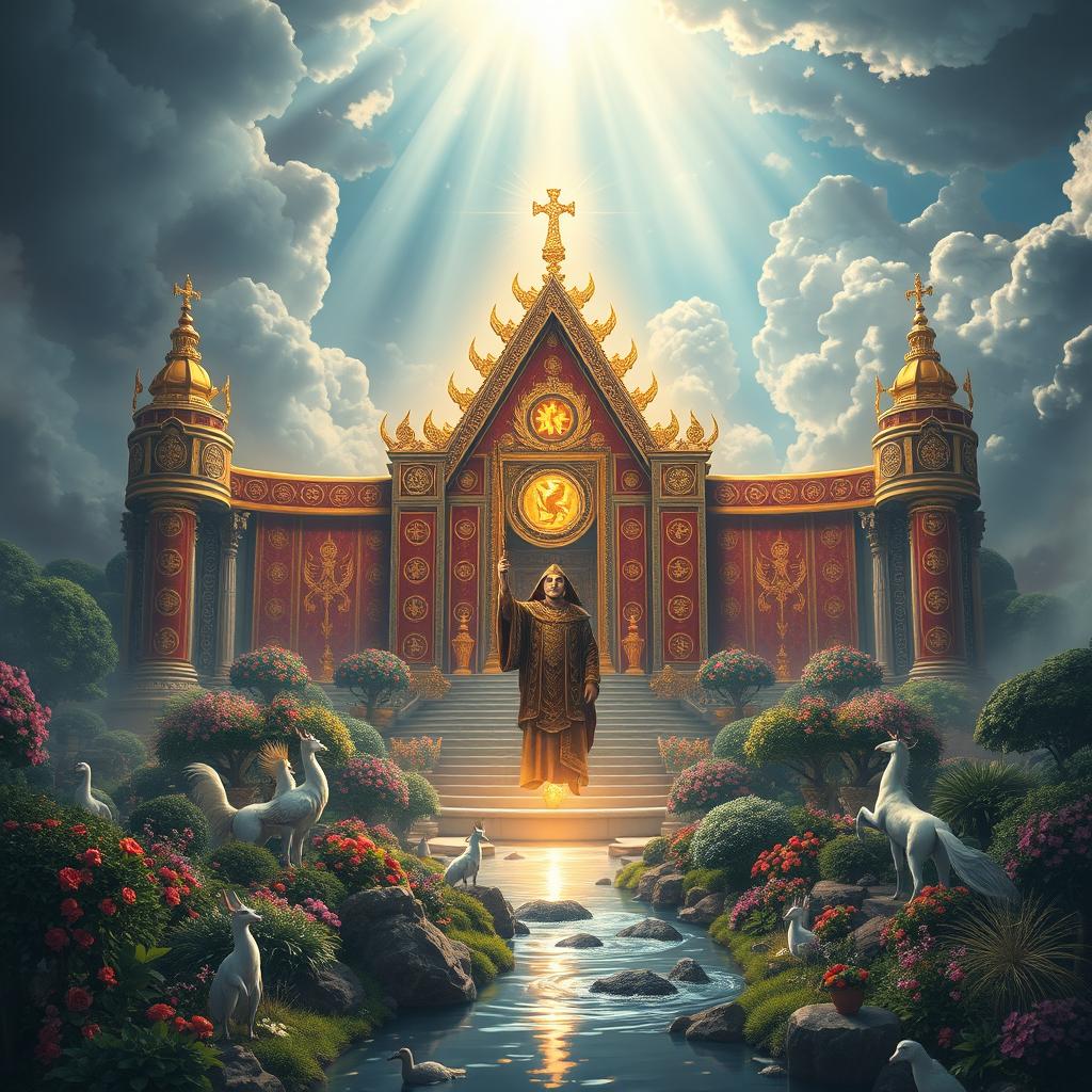 A majestic and mystical realm ruled by a powerful priest, showcasing a grand temple adorned with glowing symbols and vivid tapestries