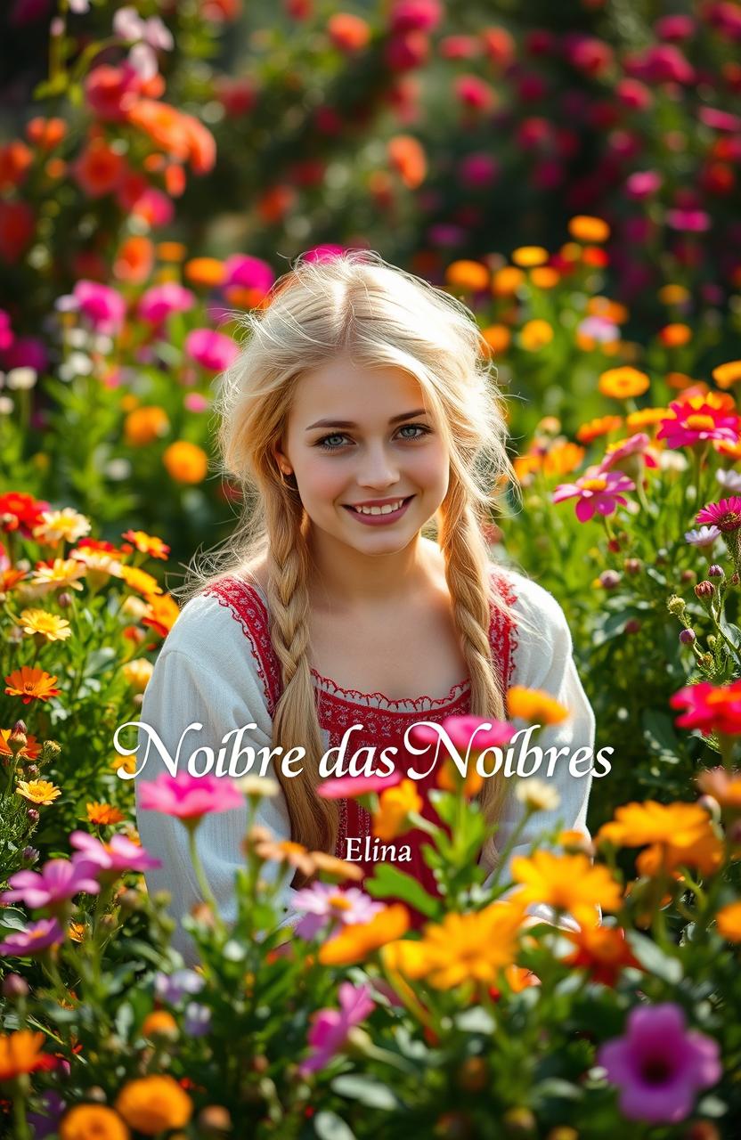 A beautiful blonde peasant girl in a vibrant garden full of colorful flowers, surrounded by nature's splendor