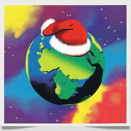 A creative depiction of Earth at night from space, presented in an Andy Warhol-inspired pop art style with vibrant colours and repeated imagery, featuring Earth wearing a lively Santa hat.