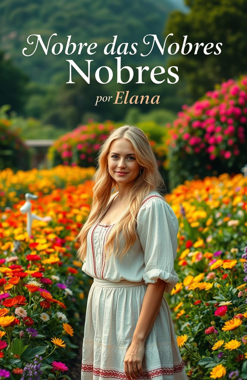 A beautiful blonde peasant woman stands in the center of a vibrant garden filled with blooming flowers of various colors, embodying a serene and idyllic atmosphere