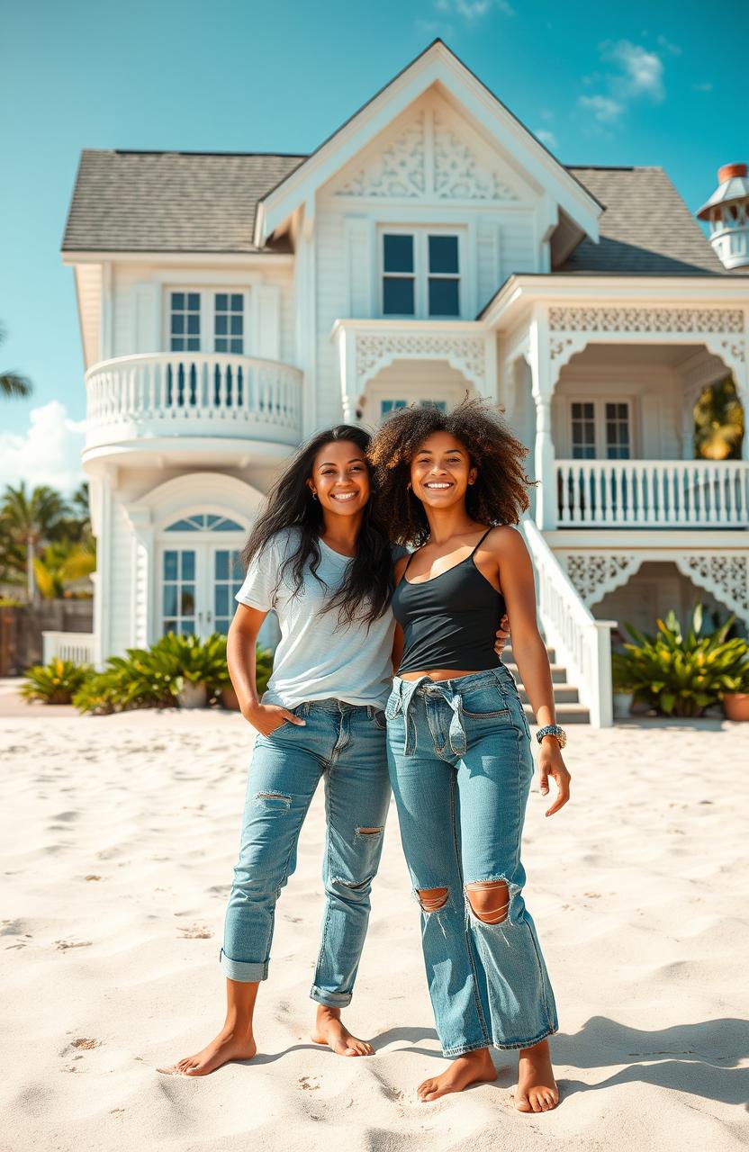Two best friends enjoying an adventurous day by the beach, standing in front of a detailed white house