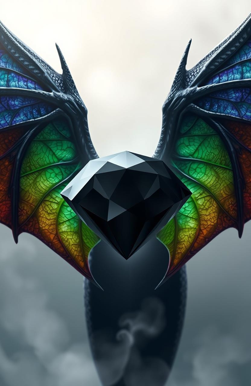 A stunning black diamond floating gracefully in front of majestic dragon wings