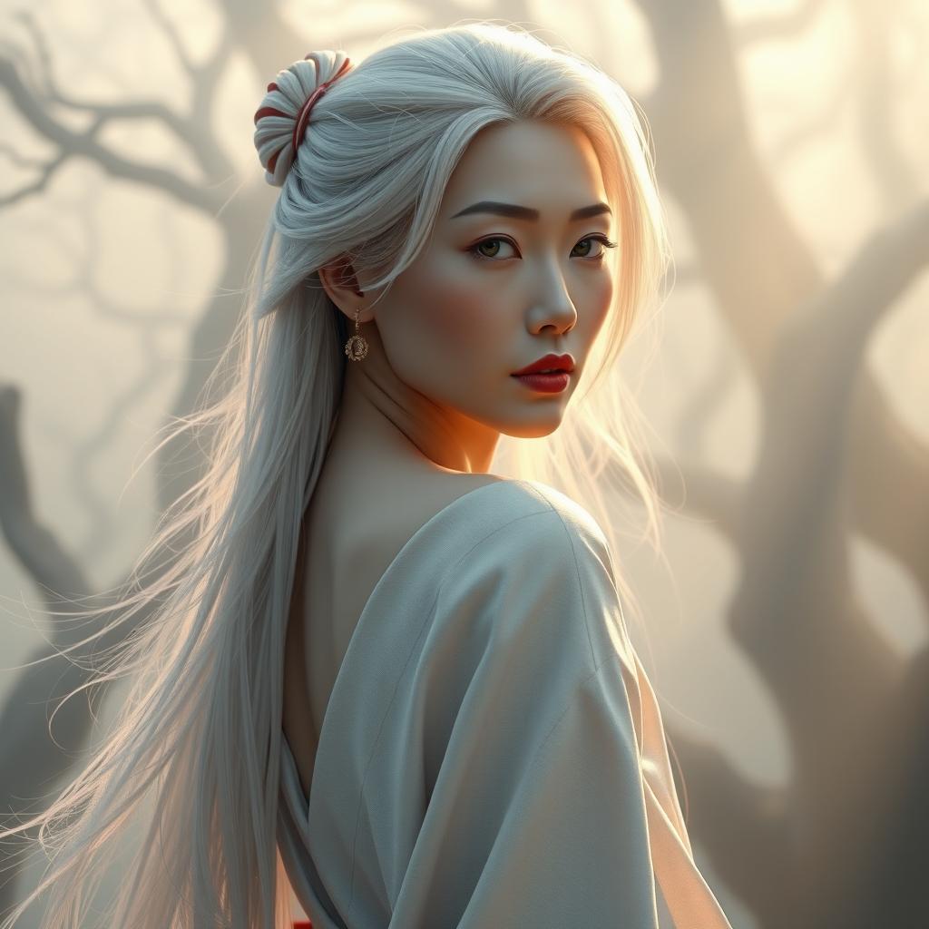 A breathtaking full-body 3D render of a mature Japanese woman, aged 40 to 50, exuding both strength and serenity