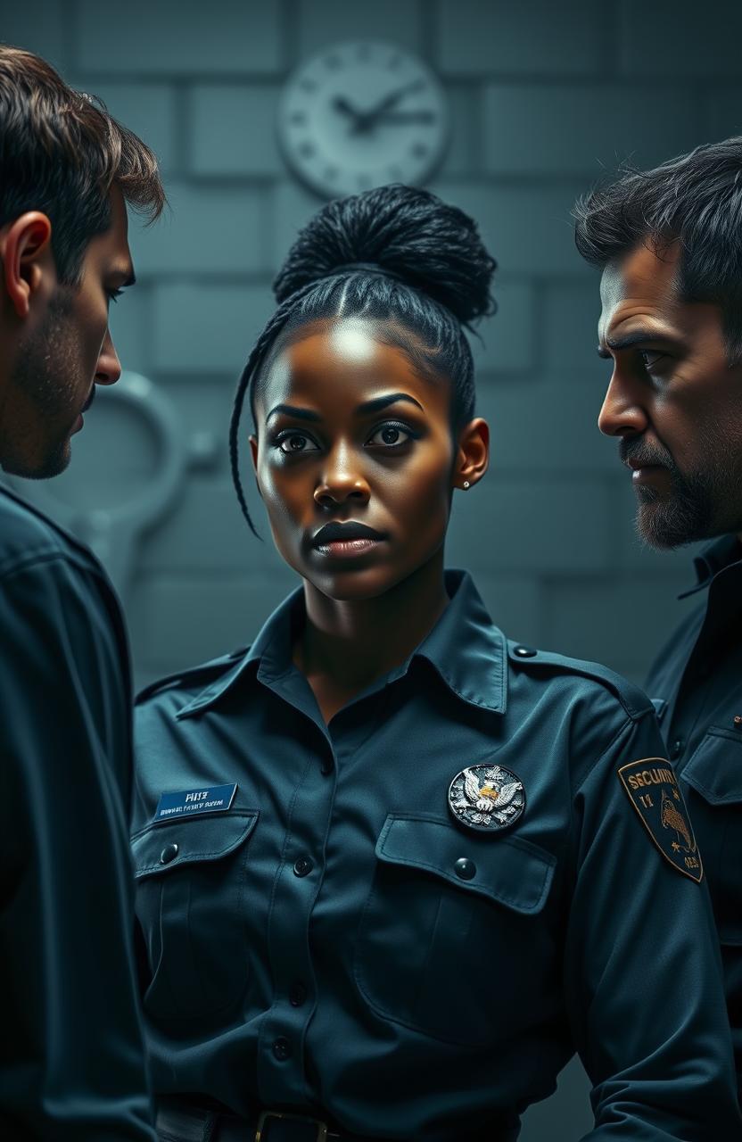 A dramatic scene featuring a strong and confident black female corrections officer caught in a love triangle