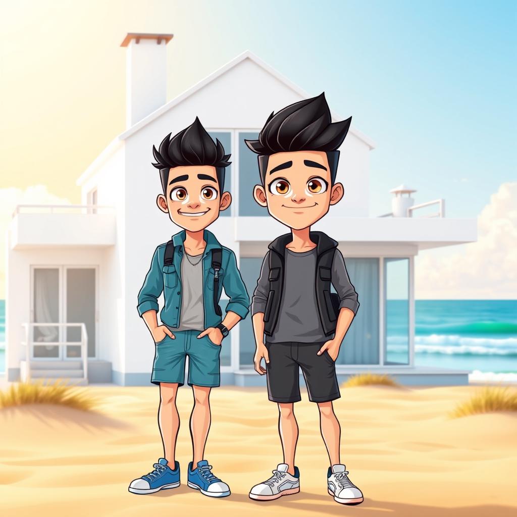 In a modern cartoon style, two adventurous white guys stand in front of a sleek white house situated close to the beach