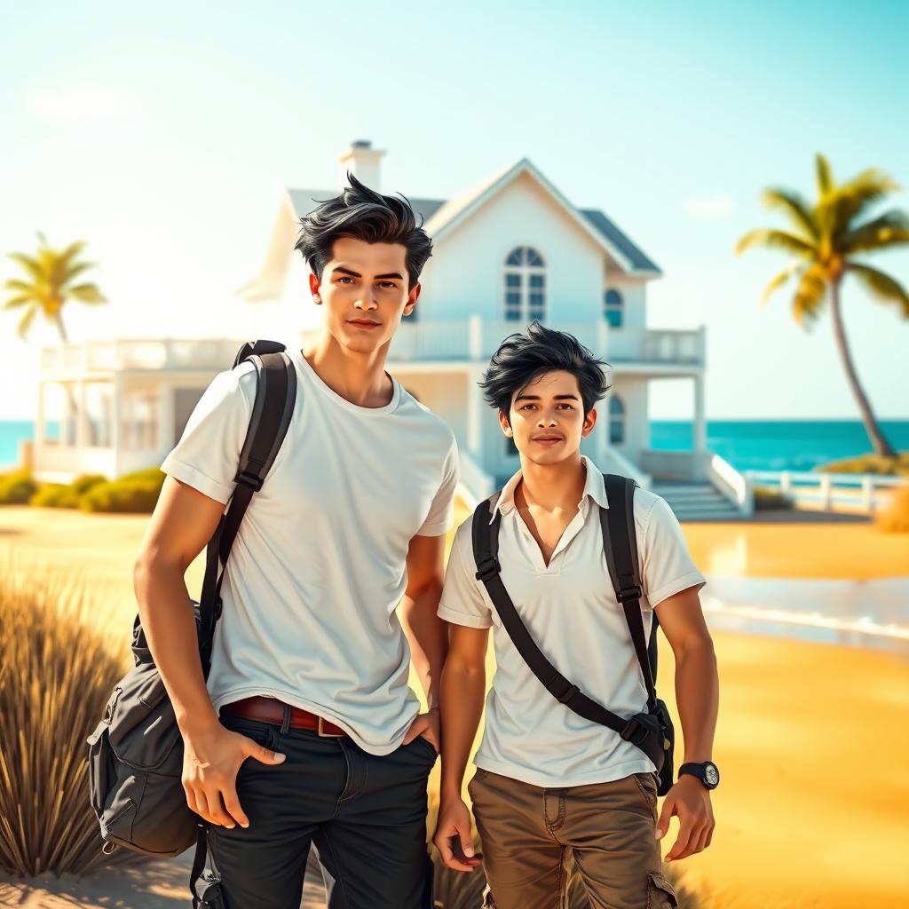 In a semi-realistic style, two adventurous white guys stand in front of a beautifully detailed white house located near the beach