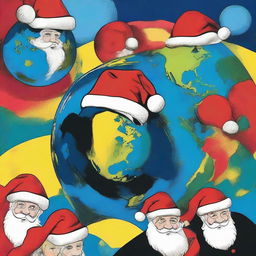 A creative depiction of Earth at night from space, presented in an Andy Warhol-inspired pop art style with vibrant colours and repeated imagery, featuring Earth wearing a lively Santa hat.