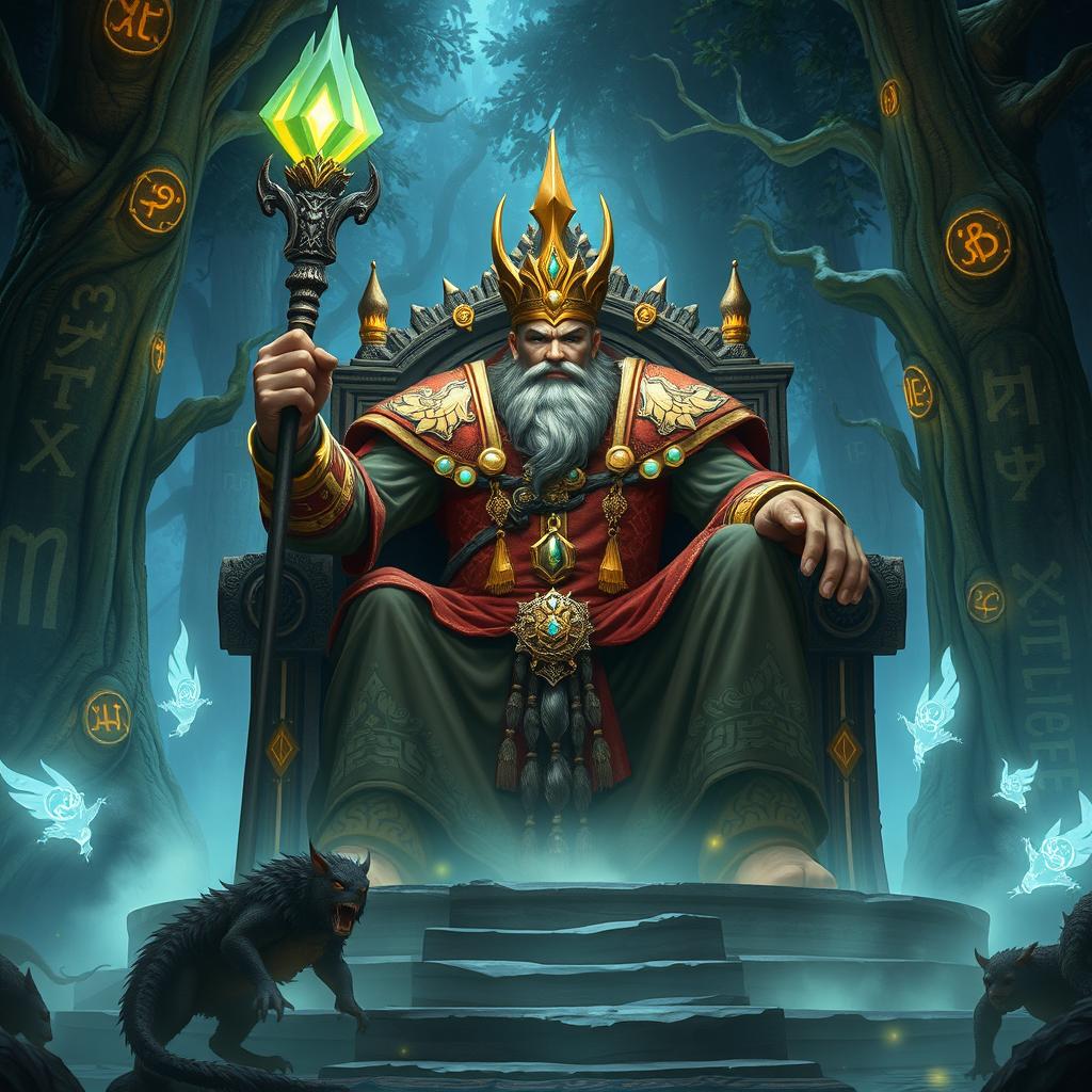 A powerful giant king sitting on a grand throne made of stone, adorned with golden jewels and surrounded by mystical giant creatures