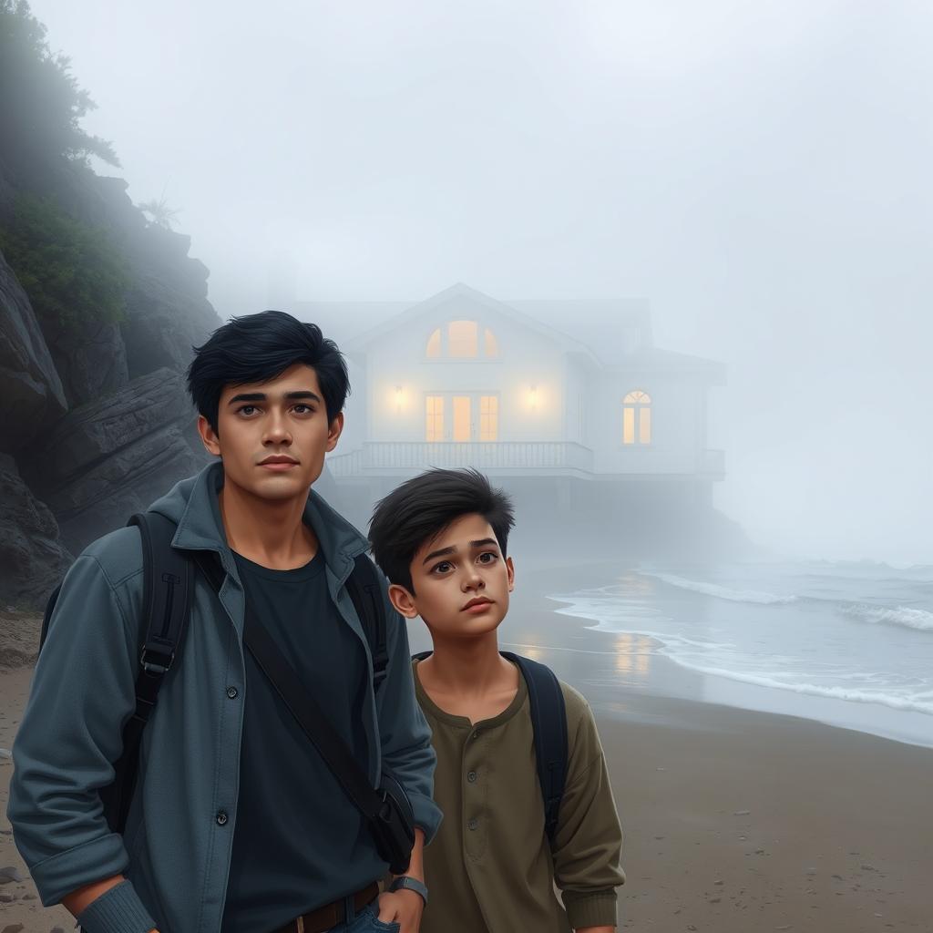 In a semi-realistic style, two adventurous white guys stand in front of an intriguing white house, nestled close to a beach shrouded in a soft fog, imparting a mysterious atmosphere