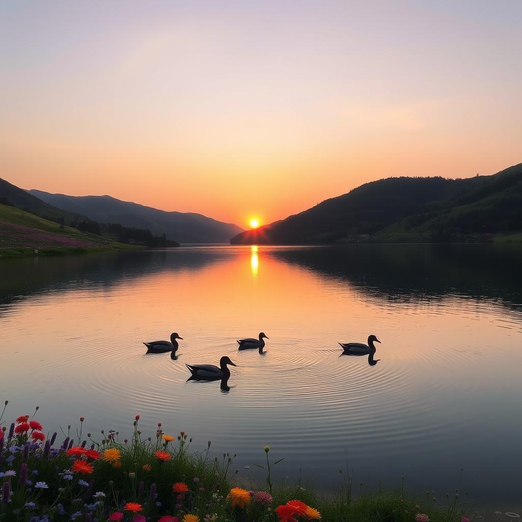 A serene landscape during sunrise, depicting a tranquil lake surrounded by lush green hills and colorful wildflowers