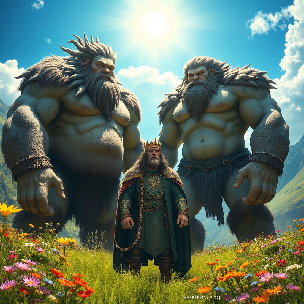 A group of giants standing in a lush green valley, their towering figures showcasing immense strength
