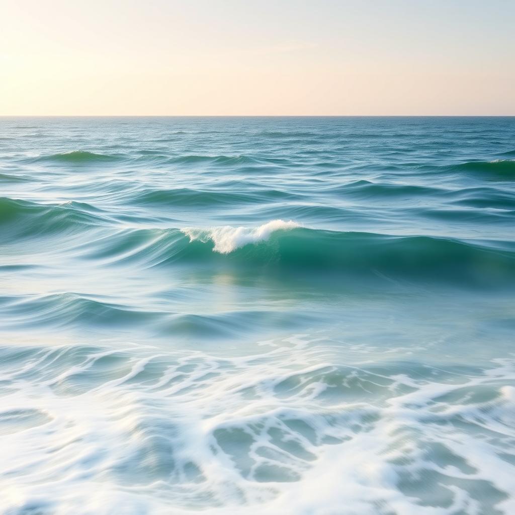 Realistic photography of the sea with gently rolling waves in motion, conveying a sense of tranquility and relaxation