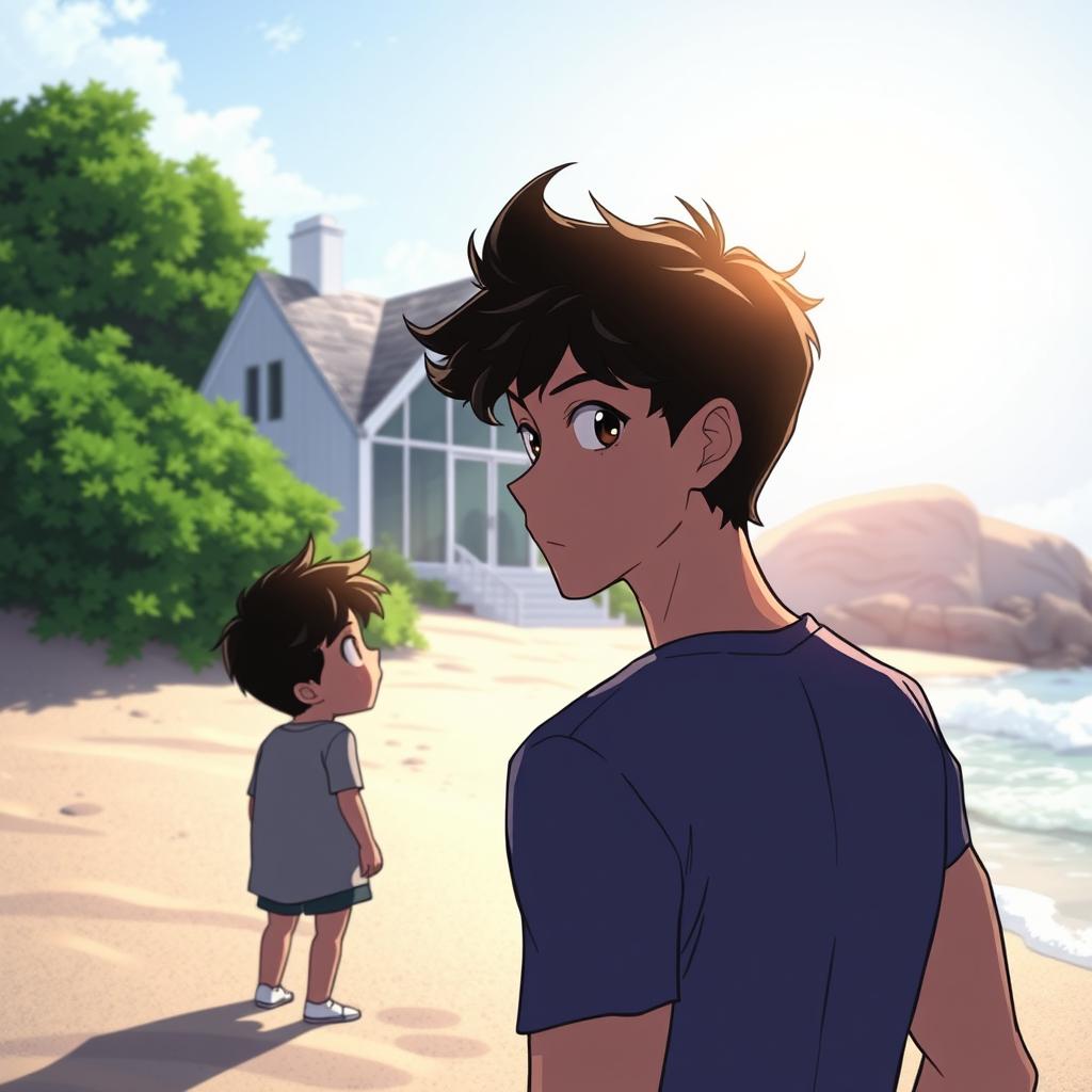 An animated scene depicting a mysterious white house in the distance by the beach, partially obscured by lush green bushes