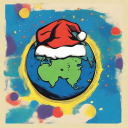 A creative depiction of Earth at night from space, presented in an Andy Warhol-inspired pop art style with vibrant colours and repeated imagery, featuring Earth wearing a lively Santa hat.