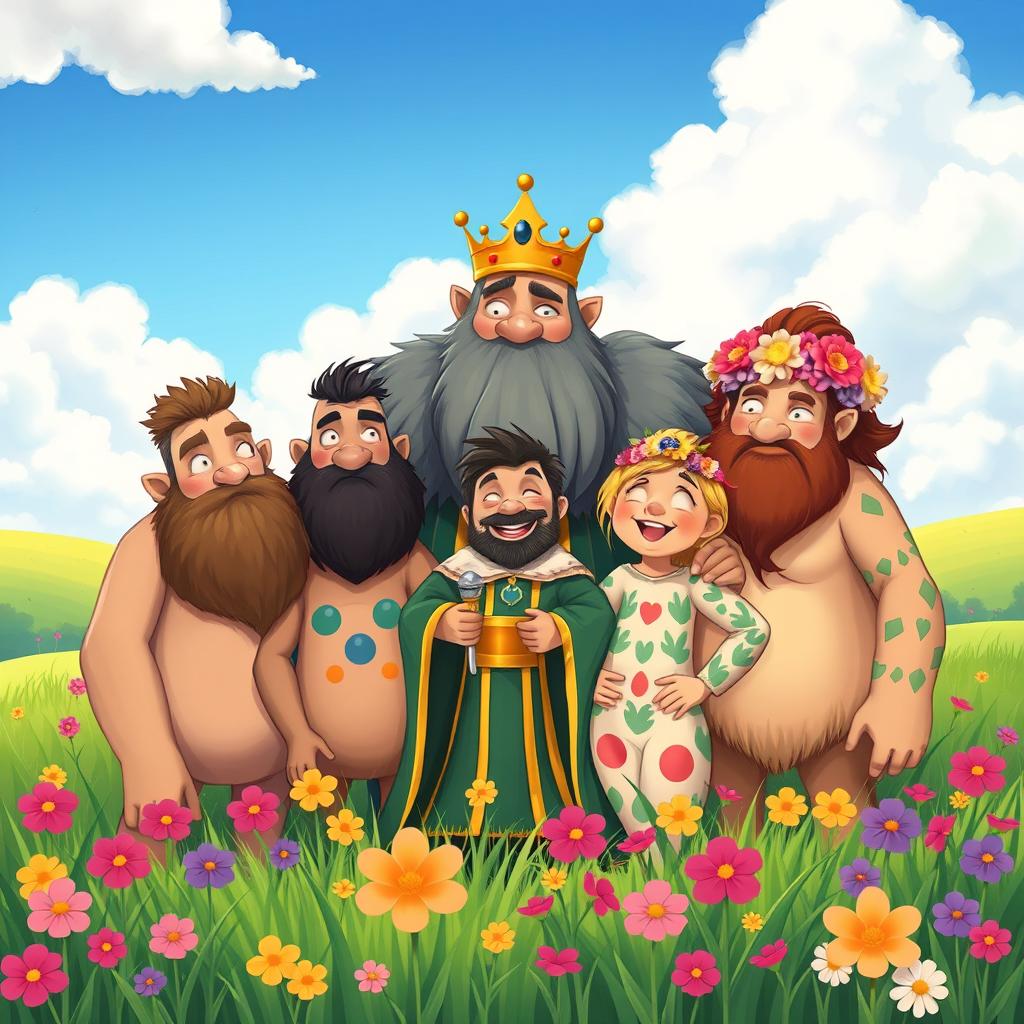 A whimsical and colorful illustration of a group of friendly giants gathered around their human king, who is wearing a royal robe and crown