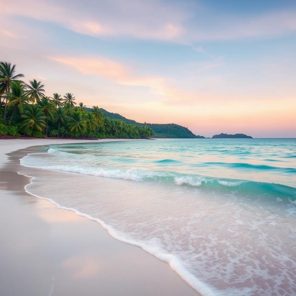 Realistic landscape of a paradise beach featuring gently moving waves gently lapping at the shore