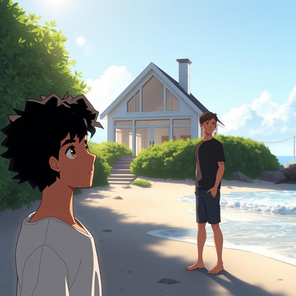 An animated scene showcasing a mysterious white house set at a distance by the beach, partially hidden by lush green bushes