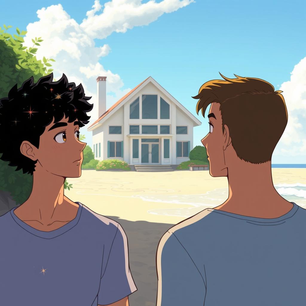 An animated scene depicting a mysterious white house in the distance by the beach, partially obscured by lush green bushes