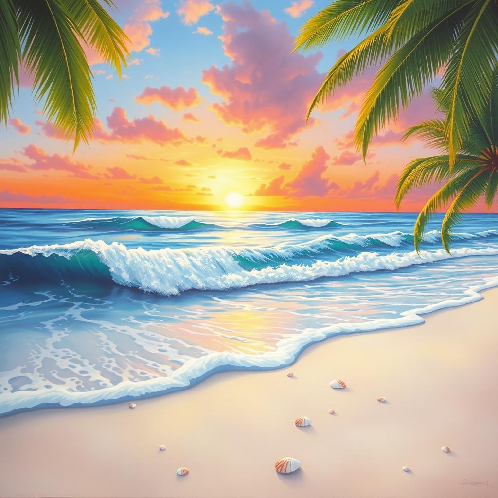 A realistic painting of a paradise beach scene, featuring gently rolling waves in motion and a breathtaking sunset in the background