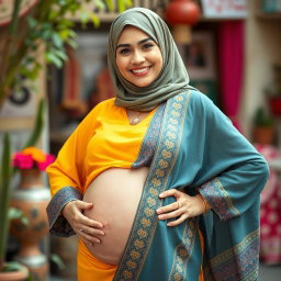 A confident Arabian woman wearing a hijab, proudly displaying her big belly