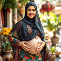 A confident Arabian woman wearing a hijab, proudly displaying her big belly