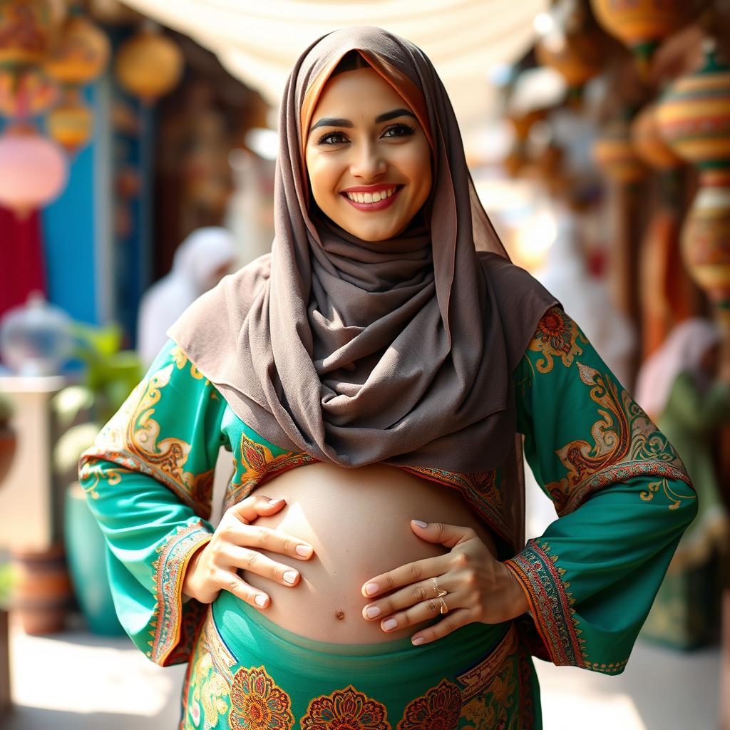 A confident Arabian woman wearing a hijab, proudly displaying her big belly