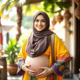 A confident Arabian woman wearing a hijab, proudly displaying her big belly