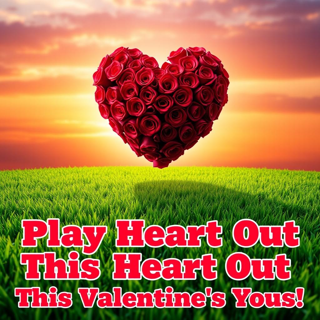 A vibrant Valentine's Day sports poster design featuring a heart-shaped basketball made of red roses, floating above a bright green grass field
