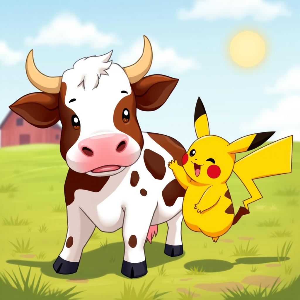A whimsical scene depicting Pikachu, the iconic yellow Pokémon, playfully engaging with a cow