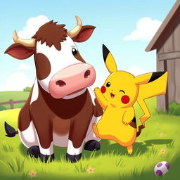 A whimsical scene depicting Pikachu, the iconic yellow Pokémon, playfully engaging with a cow