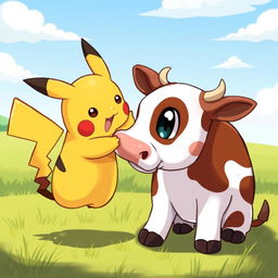 A whimsical scene depicting Pikachu, the iconic yellow Pokémon, playfully engaging with a cow