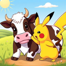 A whimsical scene depicting Pikachu, the iconic yellow Pokémon, playfully engaging with a cow