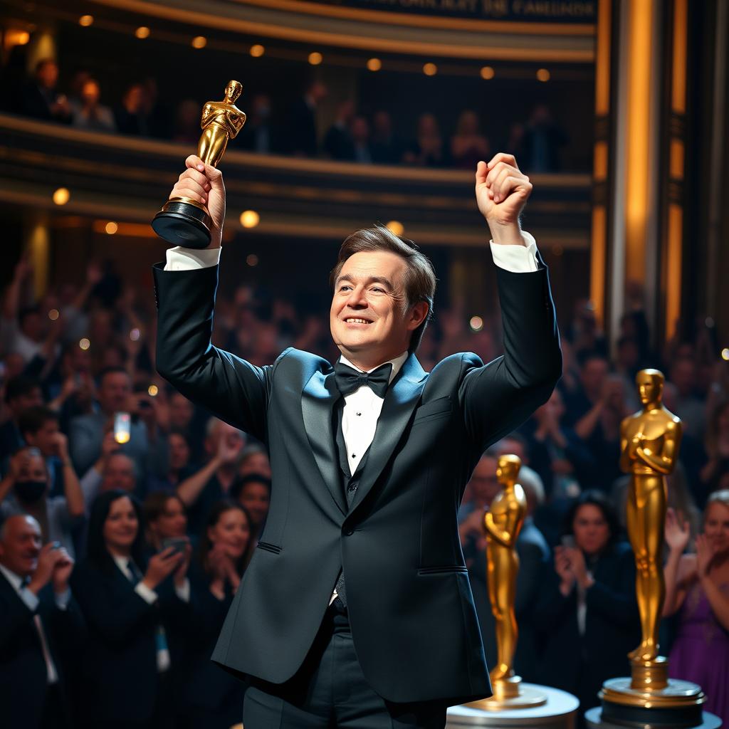 A triumphant moment on stage at the Oscars, featuring a confident individual, who resembles a director, holding a golden Oscar trophy high above their head