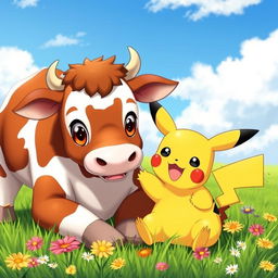 A cute and playful scene featuring Pikachu interacting with a friendly cow in a sunny, green pasture