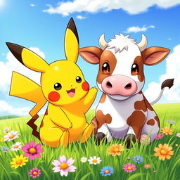 A cute and playful scene featuring Pikachu interacting with a friendly cow in a sunny, green pasture