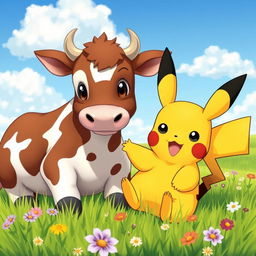 A cute and playful scene featuring Pikachu interacting with a friendly cow in a sunny, green pasture