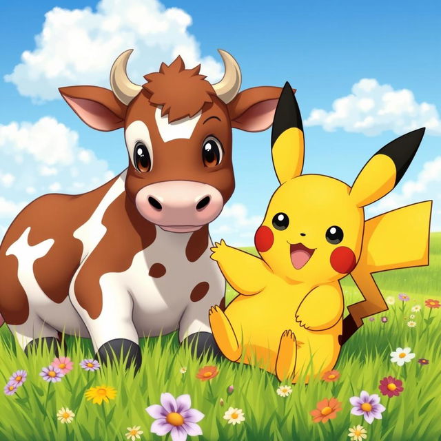 A cute and playful scene featuring Pikachu interacting with a friendly cow in a sunny, green pasture