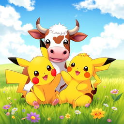 A cute and playful scene featuring Pikachu interacting with a friendly cow in a sunny, green pasture