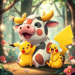 A whimsical scene featuring Pikachu, the adorable yellow electric mouse Pokémon, sitting down and joyfully munching on a cartoonish, oversized cow that is made of food, almost like a whimsical snack