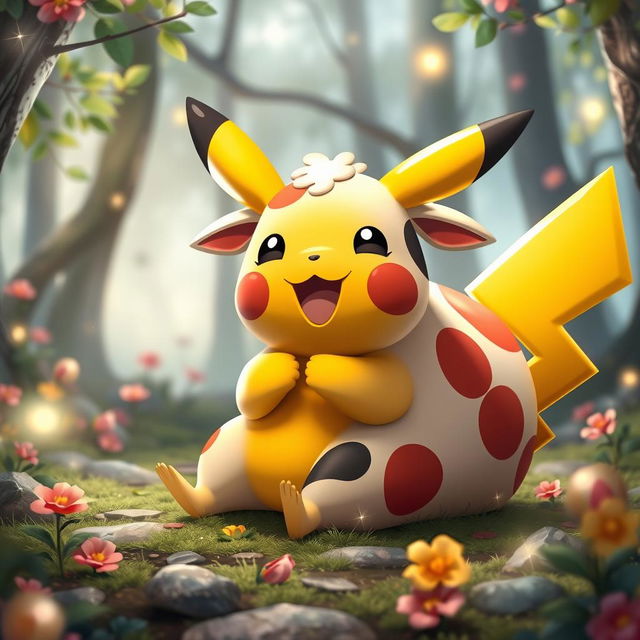 A whimsical scene featuring Pikachu, the adorable yellow electric mouse Pokémon, sitting down and joyfully munching on a cartoonish, oversized cow that is made of food, almost like a whimsical snack