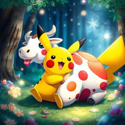 A whimsical scene featuring Pikachu, the adorable yellow electric mouse Pokémon, sitting down and joyfully munching on a cartoonish, oversized cow that is made of food, almost like a whimsical snack