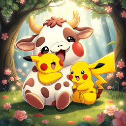 A whimsical scene featuring Pikachu, the adorable yellow electric mouse Pokémon, sitting down and joyfully munching on a cartoonish, oversized cow that is made of food, almost like a whimsical snack