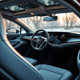The interior of a futuristic electric vehicle featuring a sleek and modern design